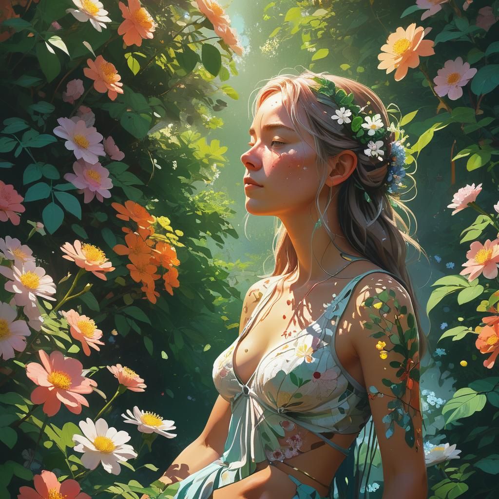 Goddess in Lush Garden: Hyperrealistic Digital Painting