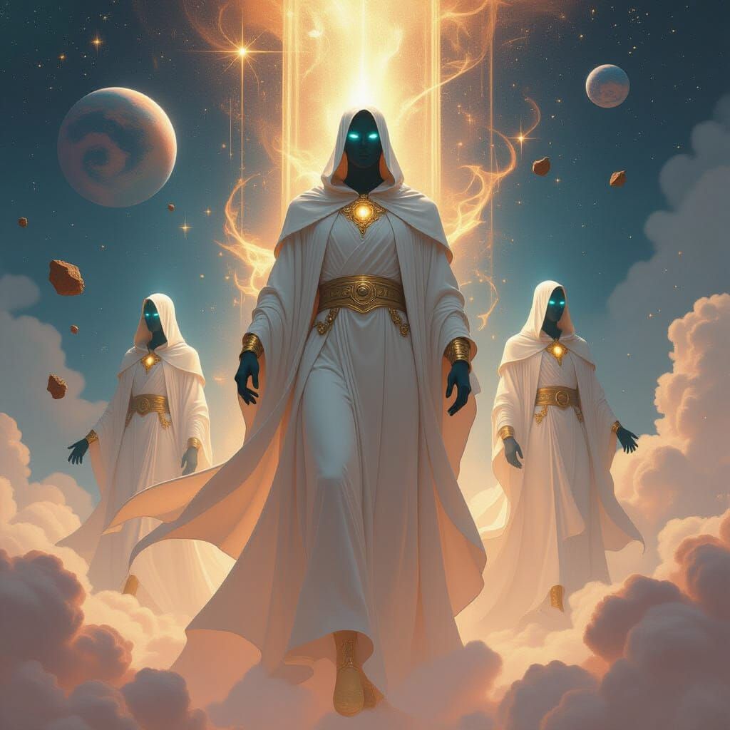 Celestial Gods Floating Among Stars in Ethereal Style