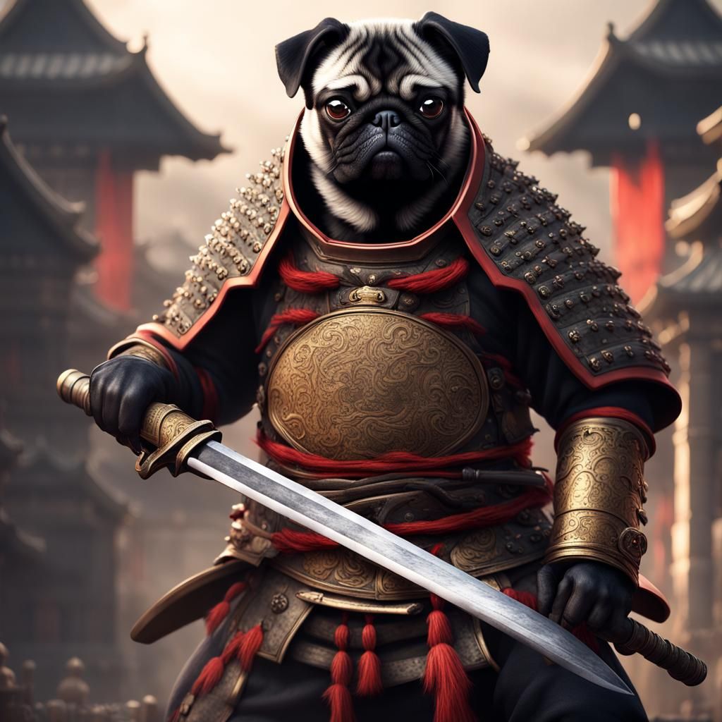 Pug Samurai Warrior in Hyperreal Style