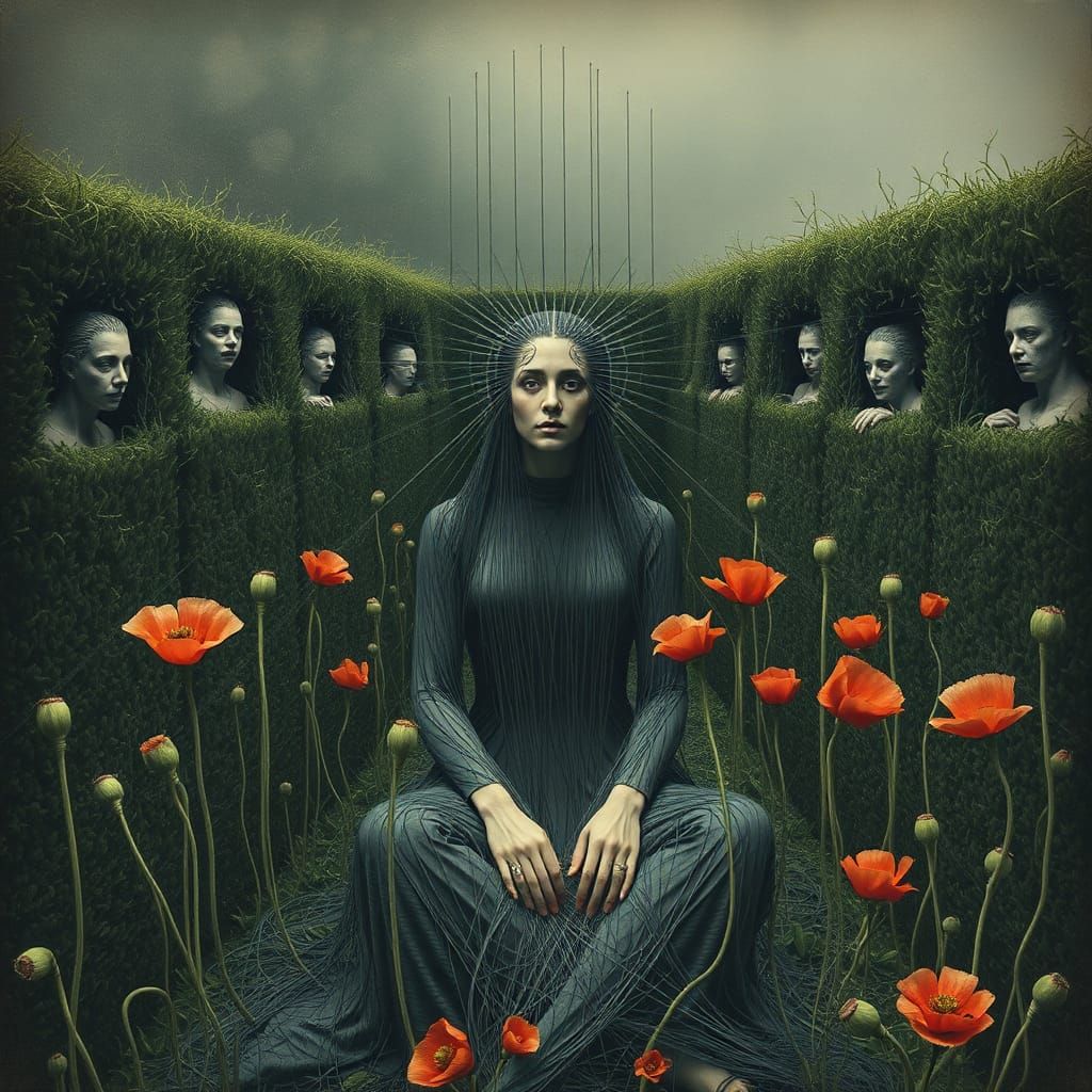 String Woman in Maze of Screaming Statues: Gothic Horror