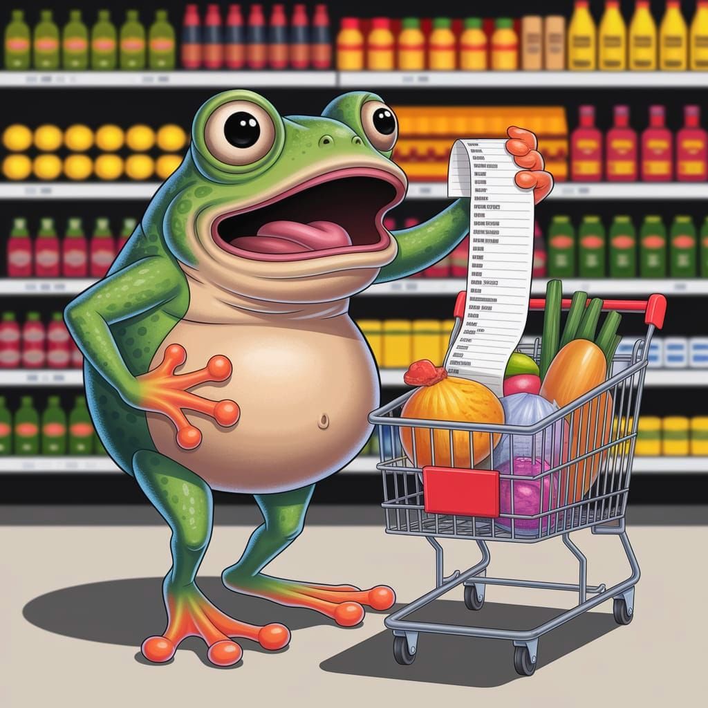 Astonished Cartoon Frog Reacts to Grocery Bill