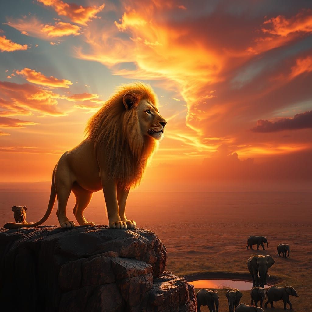 Regal Lion Dominates Cliffside Savanna at Sunset