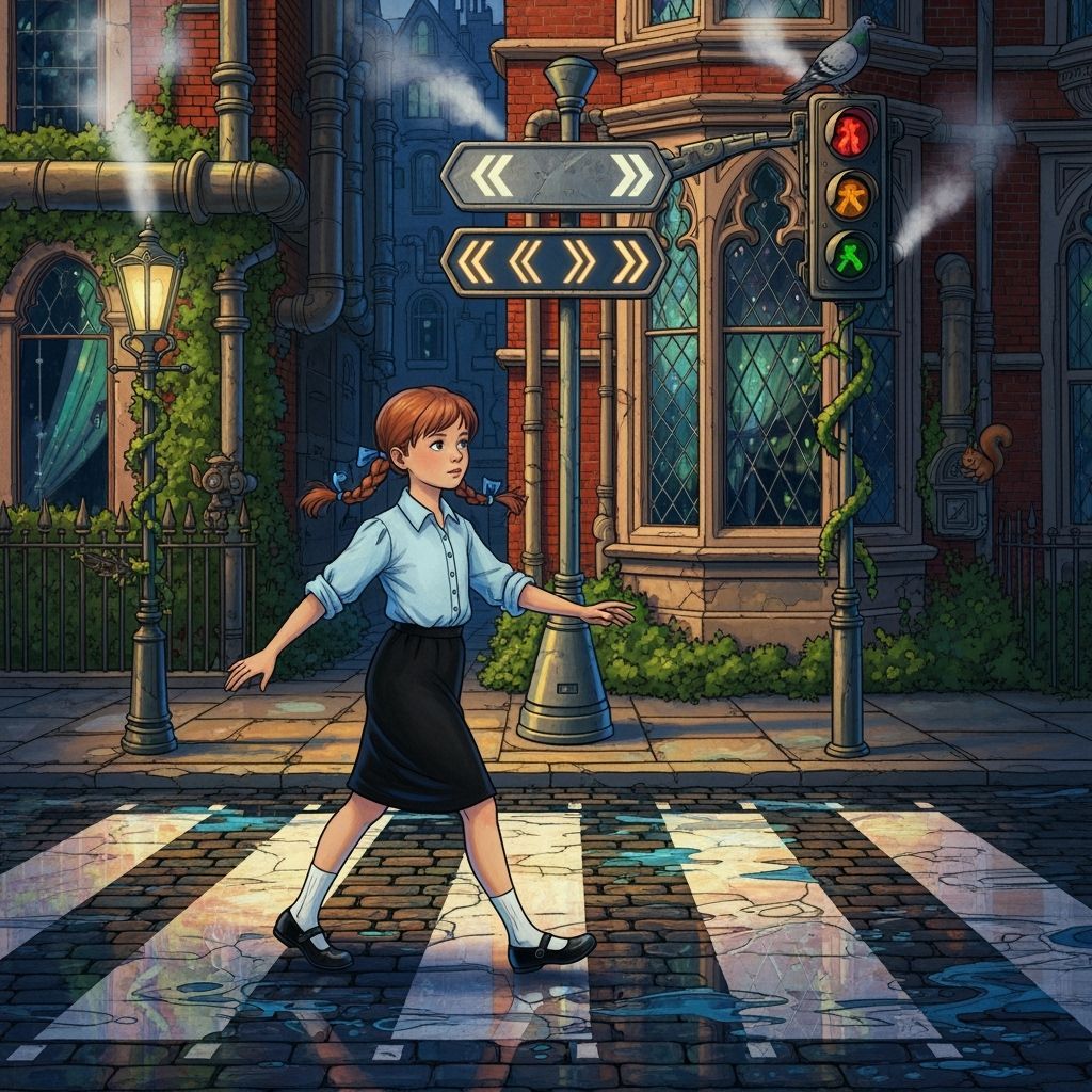 Girl Crossing Road: Whimsical and Detailed Art