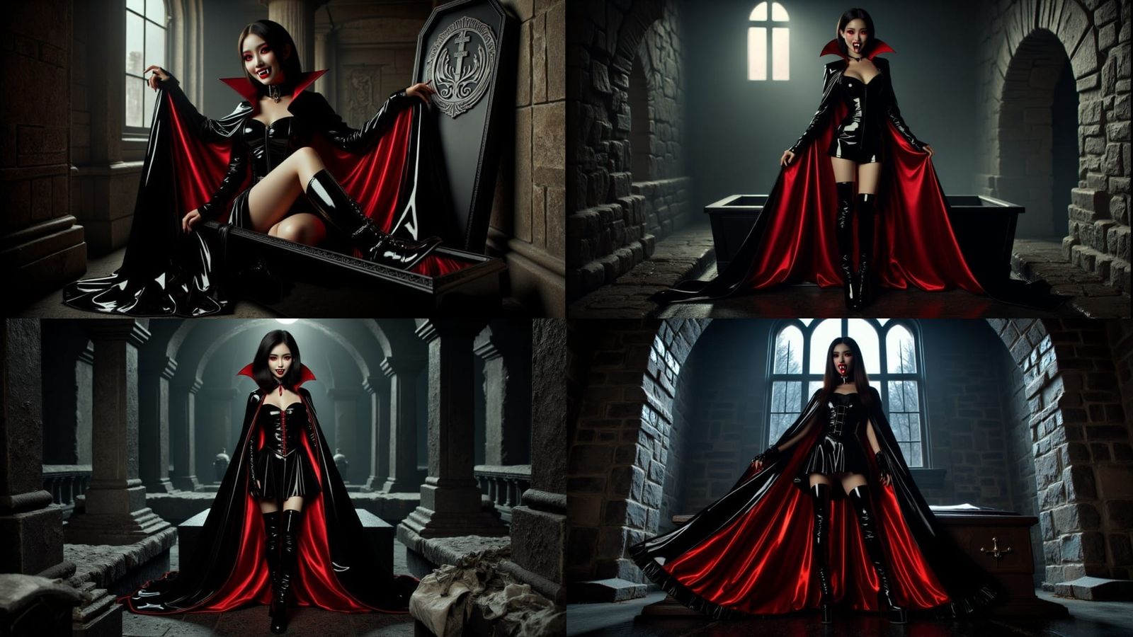 Ethereal Asian Vampire Emerge from Coffin in Dark Castle Bas...