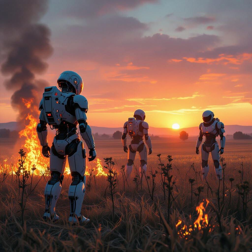 Dystopian Sunset: Robots Burning Fields in Futuristic Style