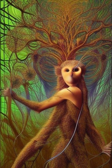 Tarsier-Human Hybrid with Fractal Forest, Digital Art