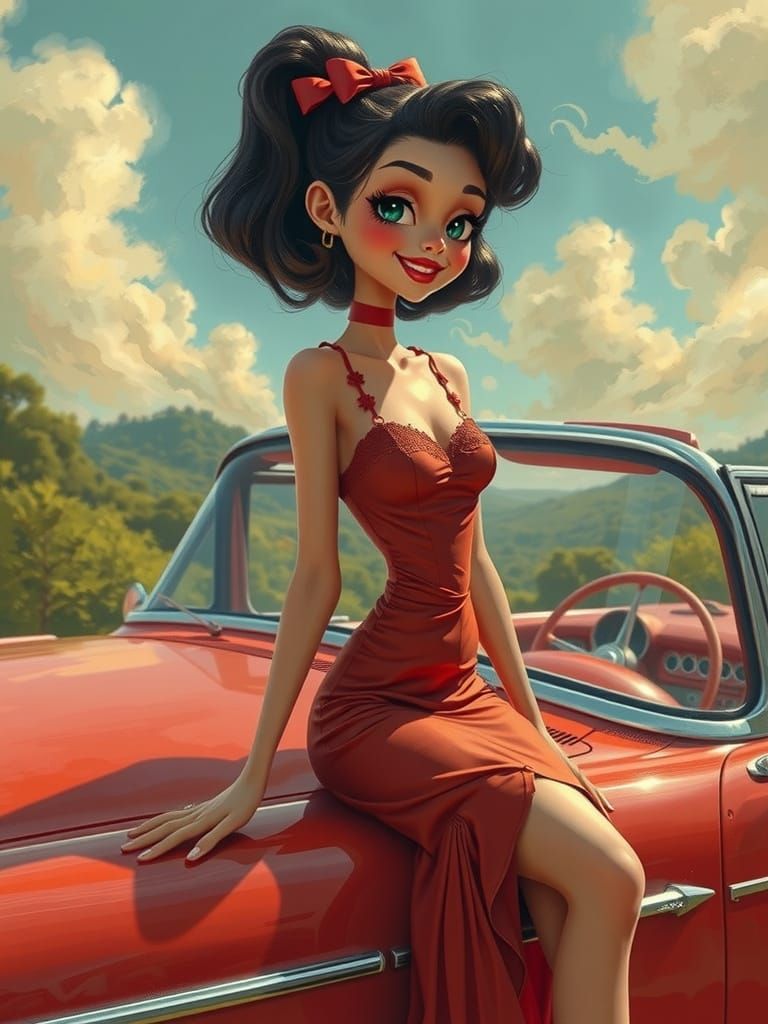 Elegant 1950s Girl in Tim Burton Cartoon Style