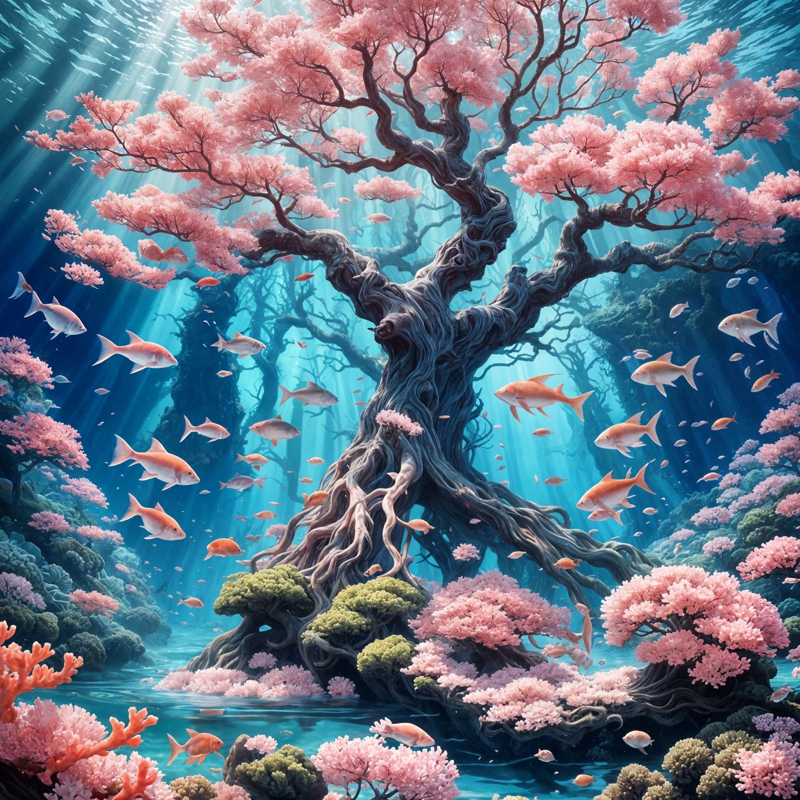 Underwater Cherry Blossom Tree in Ocean Depths