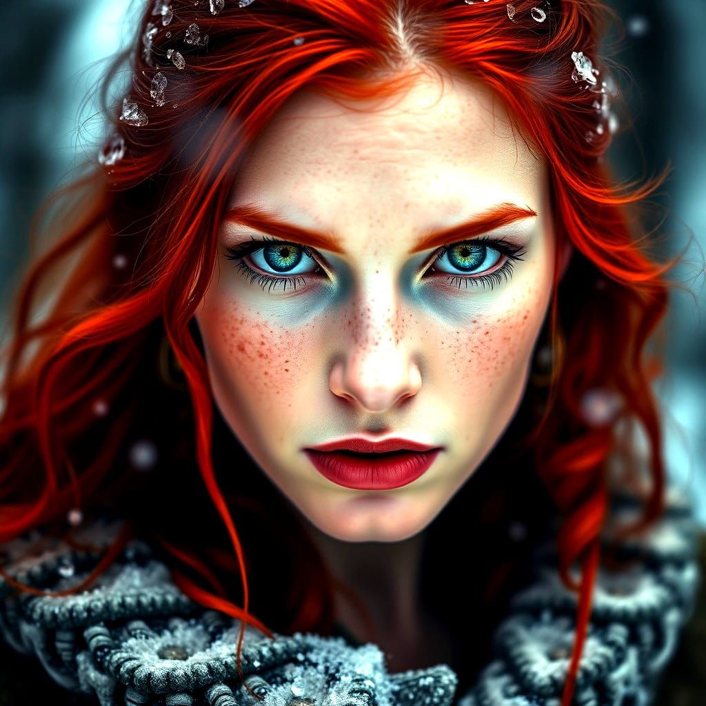 Celtic Warrior Woman in Close-Up, Green Eyes Shining in the...