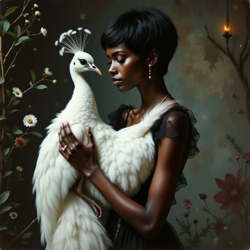 Woman Cradles White Peacock in Dramatic Light