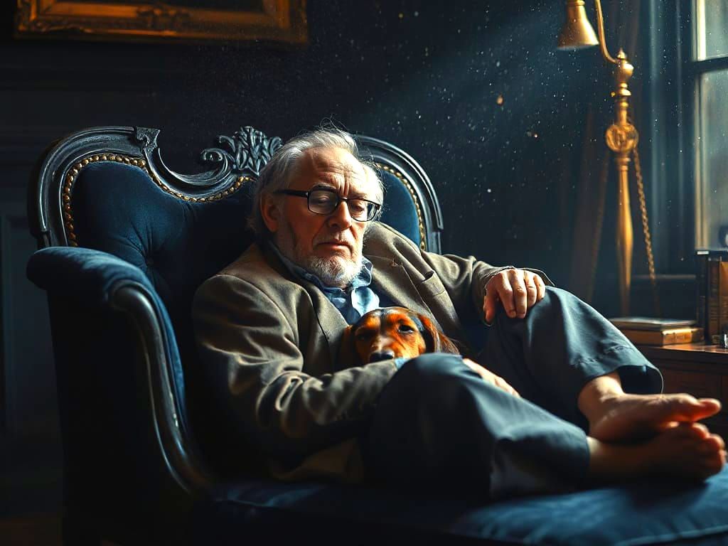 Old Man and Basset Hound Nap on Antique Chaise Lounge