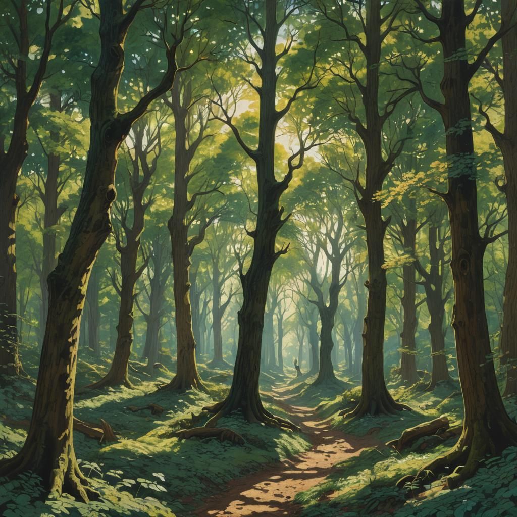 Lush Forest Scene with Distant Figure in Impressionist Style