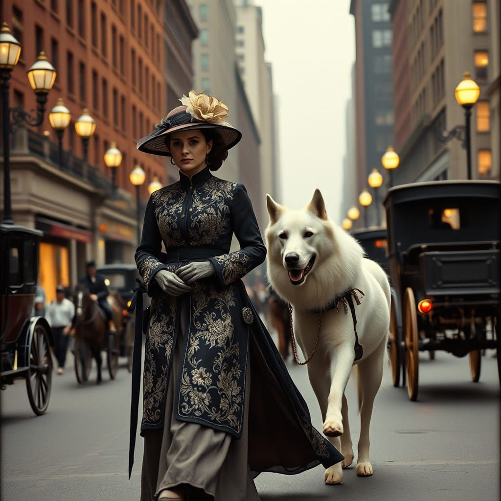 Elegant Victorian Lady and Her Borzoi on a Bustling 19th-Cen...