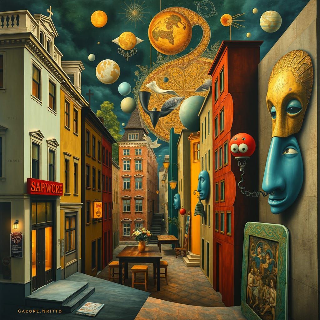 Surrealist Dreamscape with Ornate Symbolism and Labyrinthine...