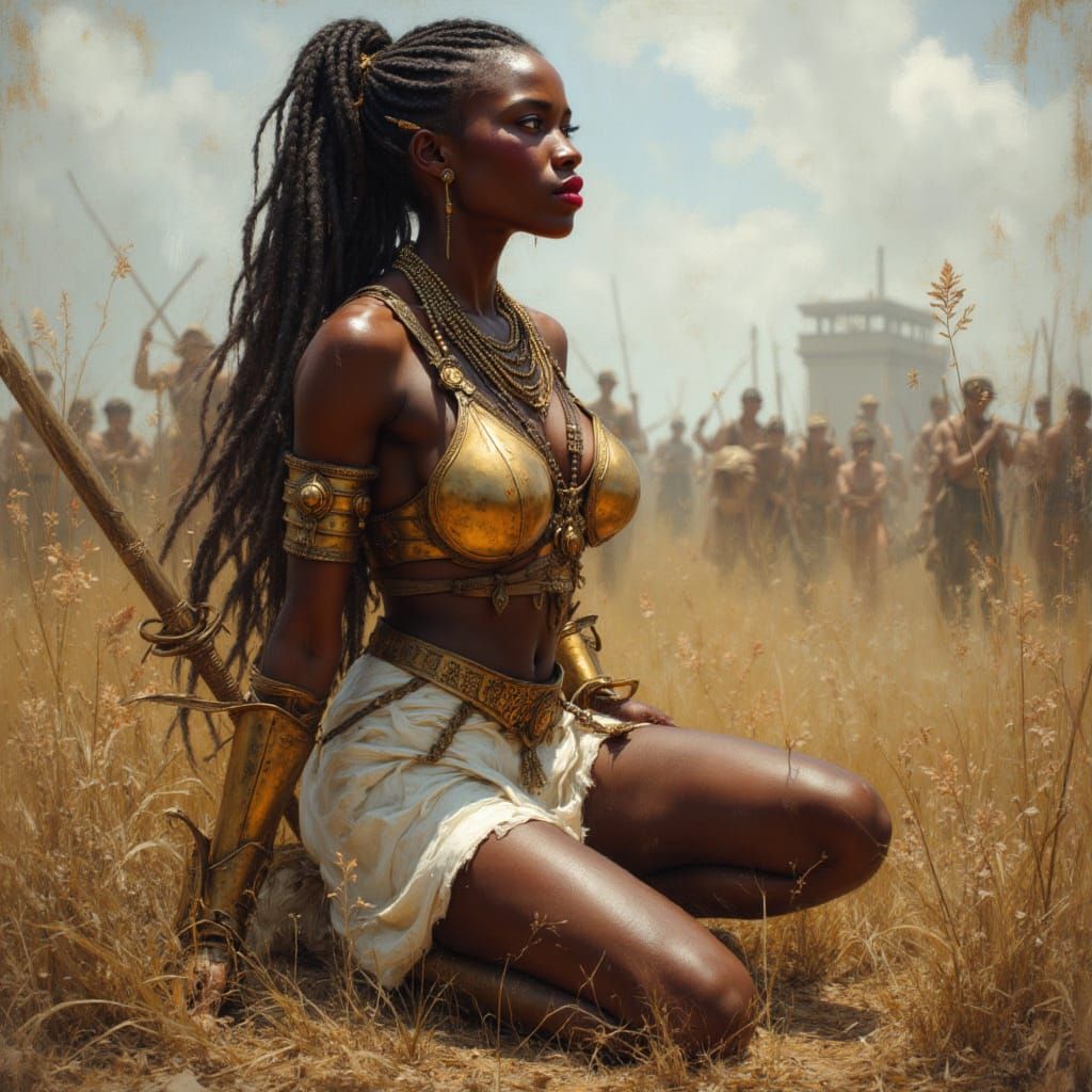 African Goddess in Gold Armor on Battlefield