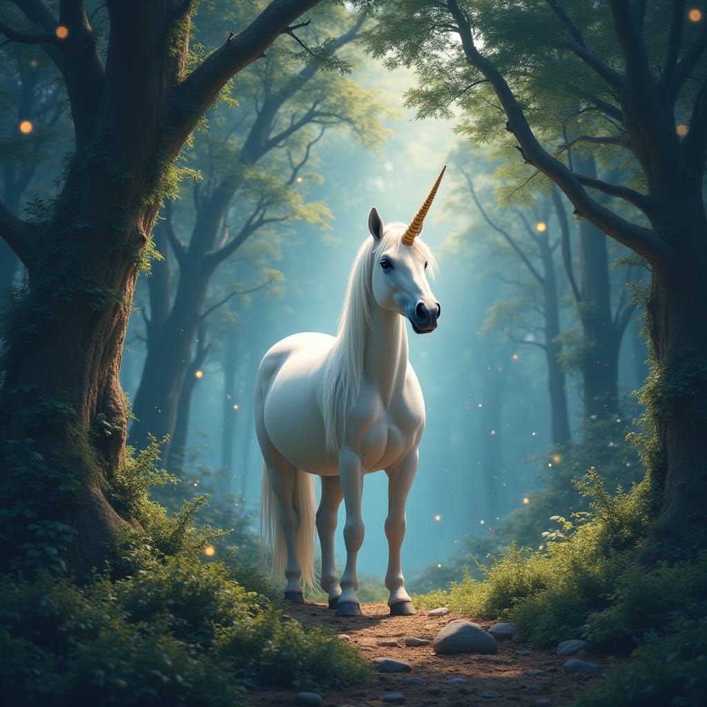 Three-Horned Unicorn in Lush Forest: Fantasy Concept Art