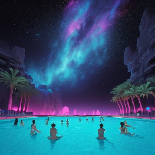 Surreal Cosmic Pool Party in Vibrant Space Dreamscape