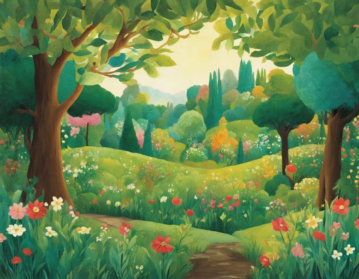 Whimsical Children's Book Garden Scene in Watercolor Style