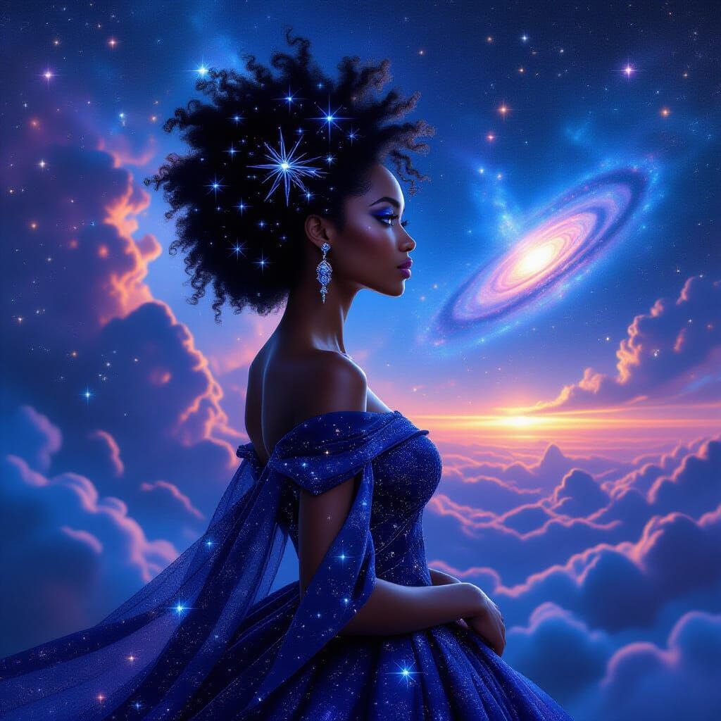 Cosmic Afrofuturist Woman with Stardust Hair