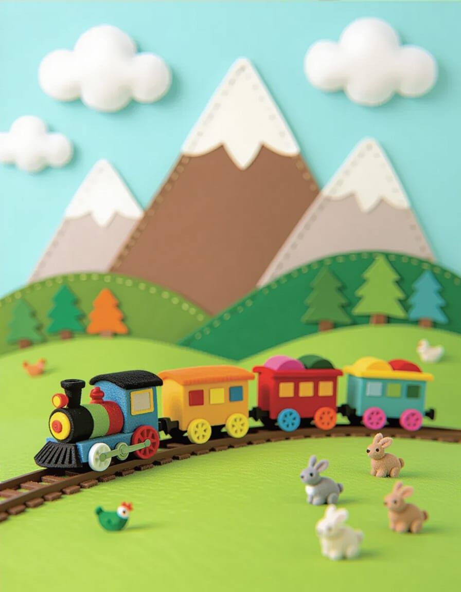 Whimsical Felt Train Journey Through a Colorful Landscape