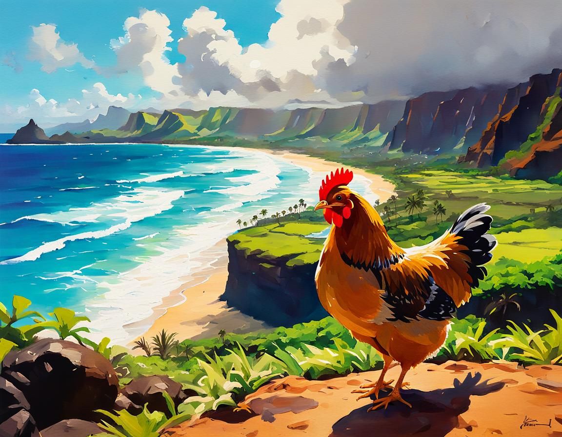 Cute Chicken Overlooking Kauai Beach in Ghibli Style
