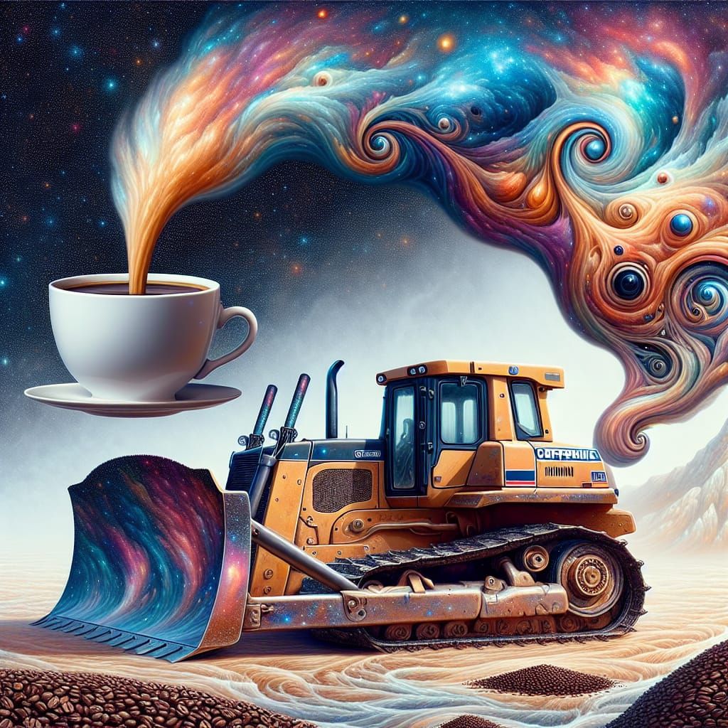 Surreal Bulldozer Soars Above a Melting Coffee Bean Landscap...