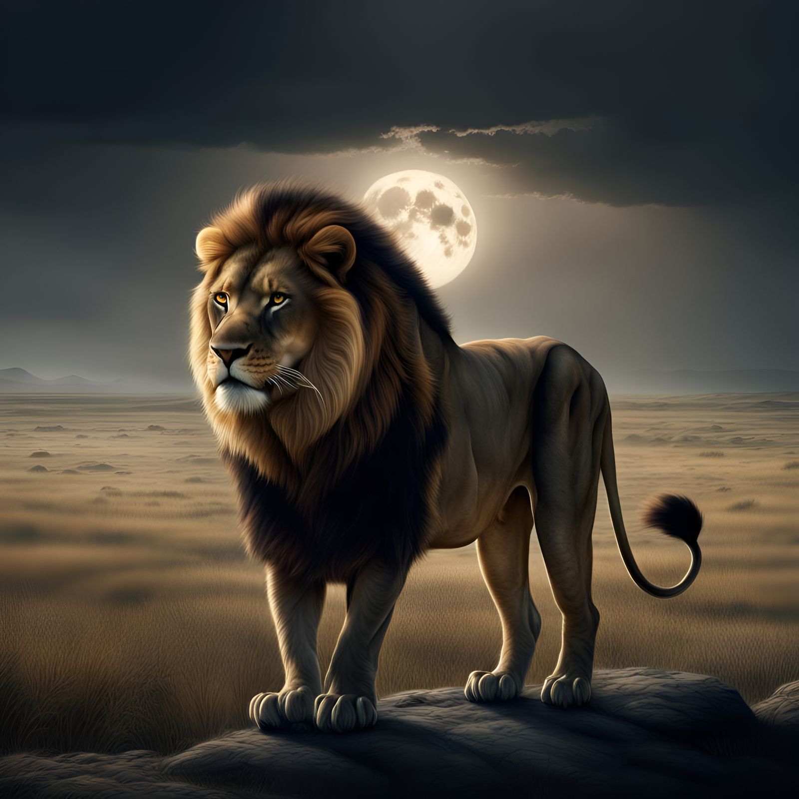 Lion in Moonlight on the Prairie