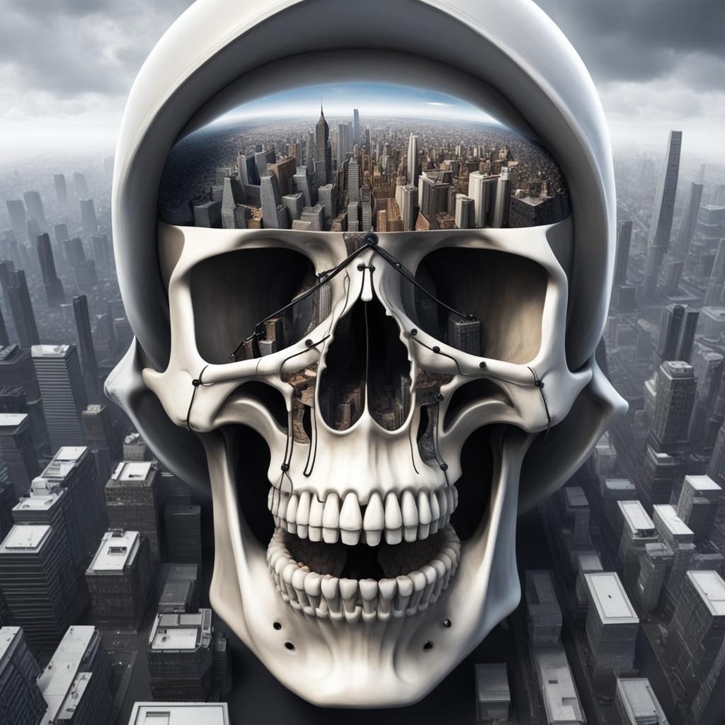 Hyperrealistic Skull Reveals a Cityscape