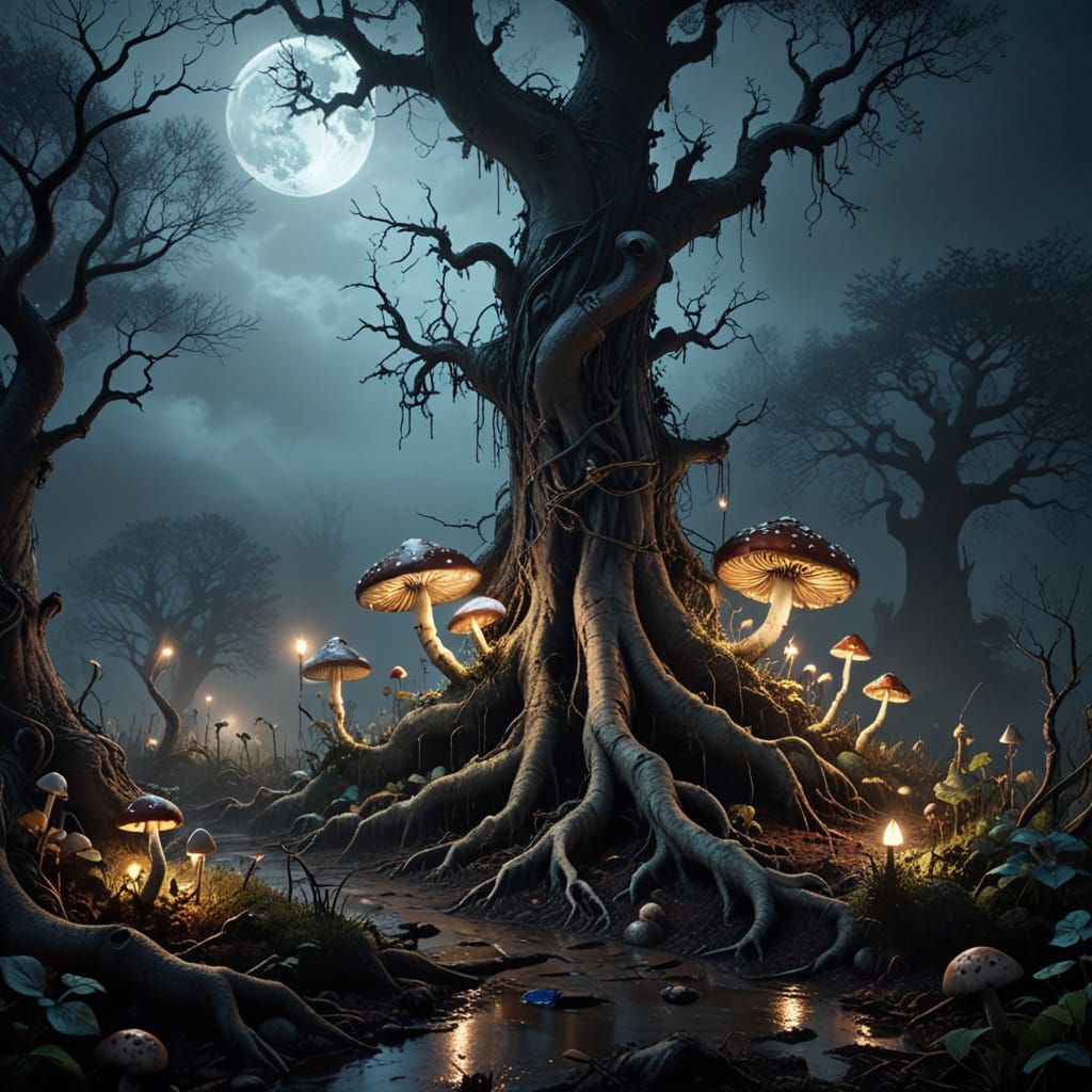 Eerie Moonlight Garden in Dark Fantasy Style