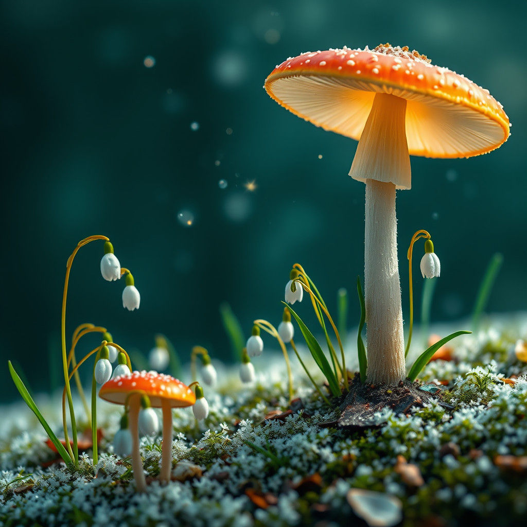 Amanita Muscaria Mushrooms and Snowdrops: Mystical Fantasy