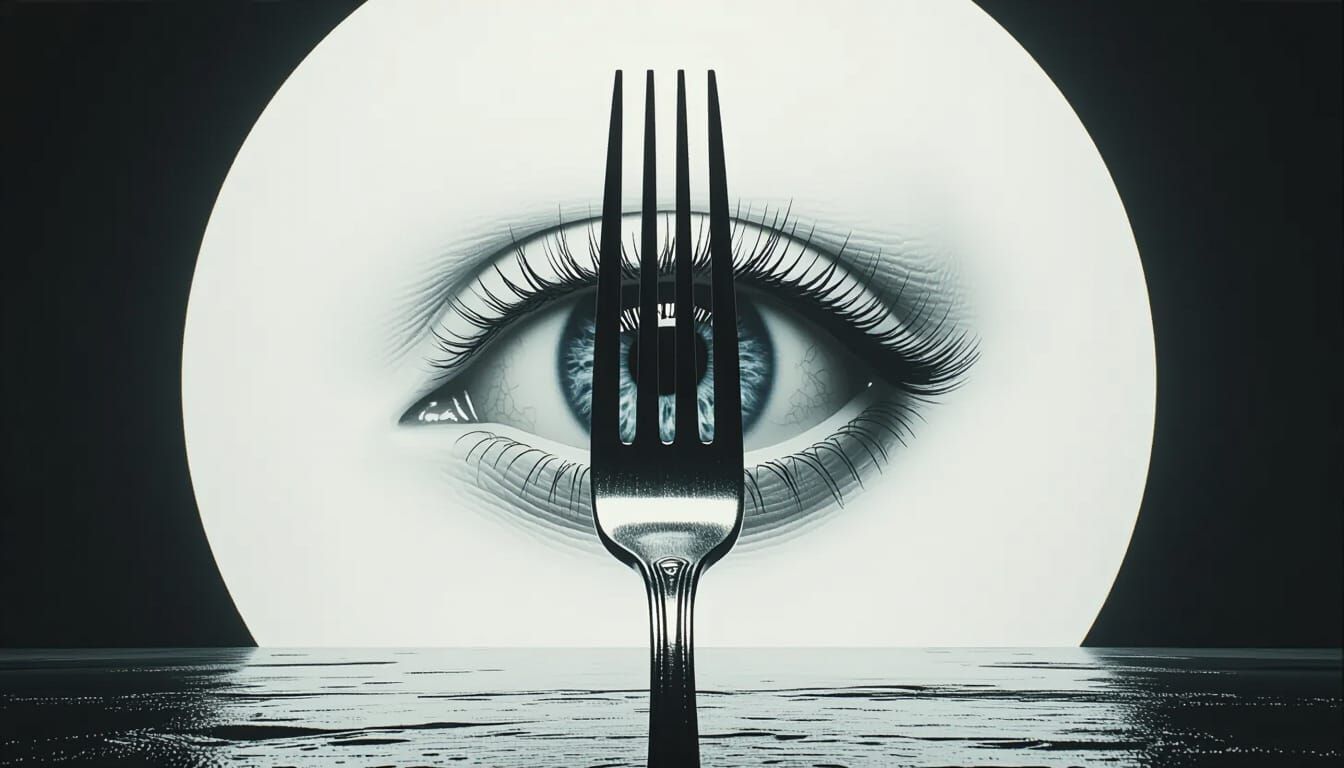 Surreal Silver Fork with Human Eye, Hyperrealistic Photo