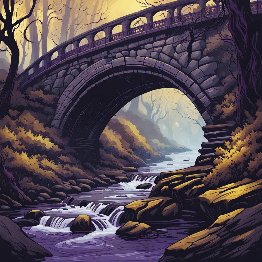 Stone Bridge in Dark Forest: Art Nouveau Illustration