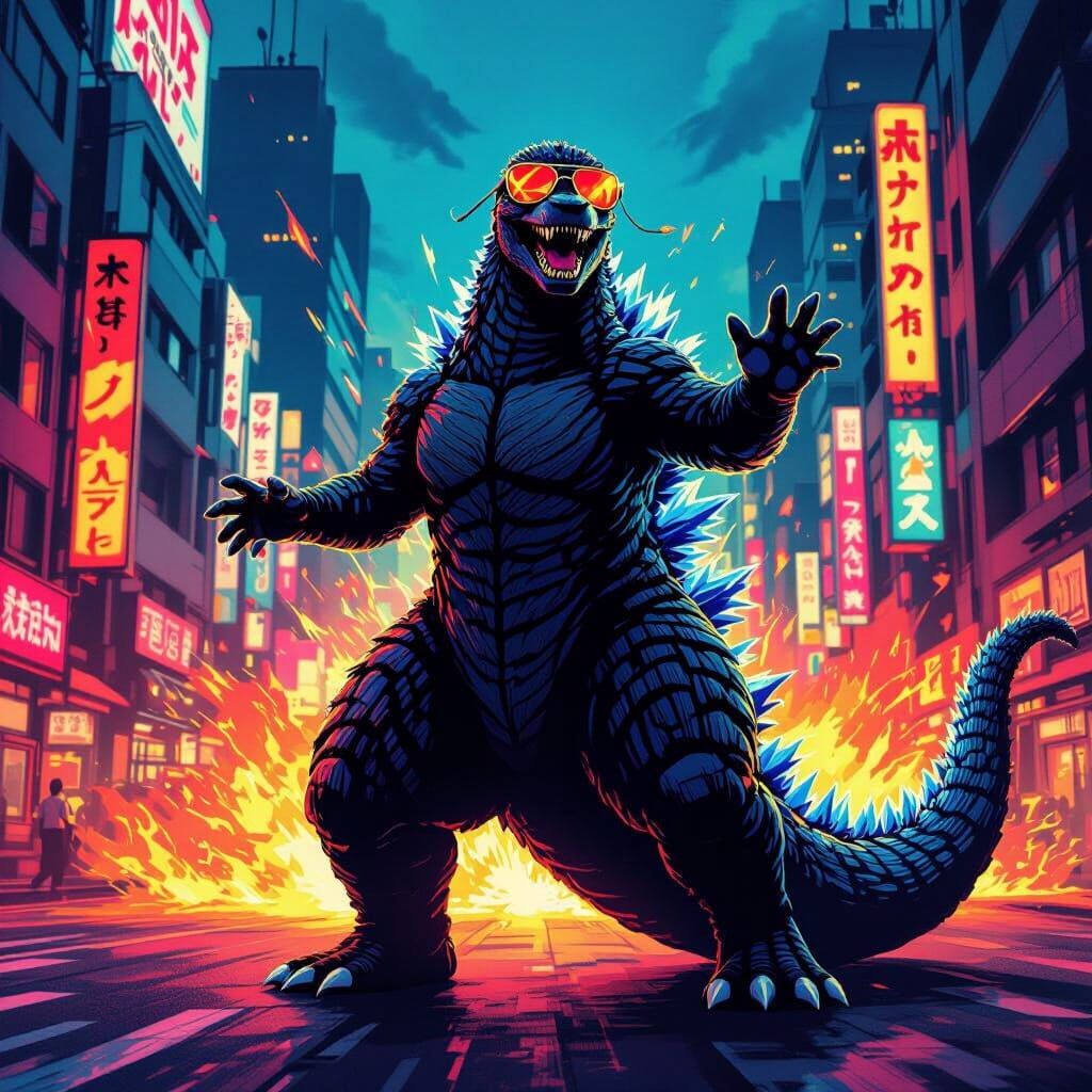 Godzilla Dances in Neon Tokyo Wearing Sunglasses