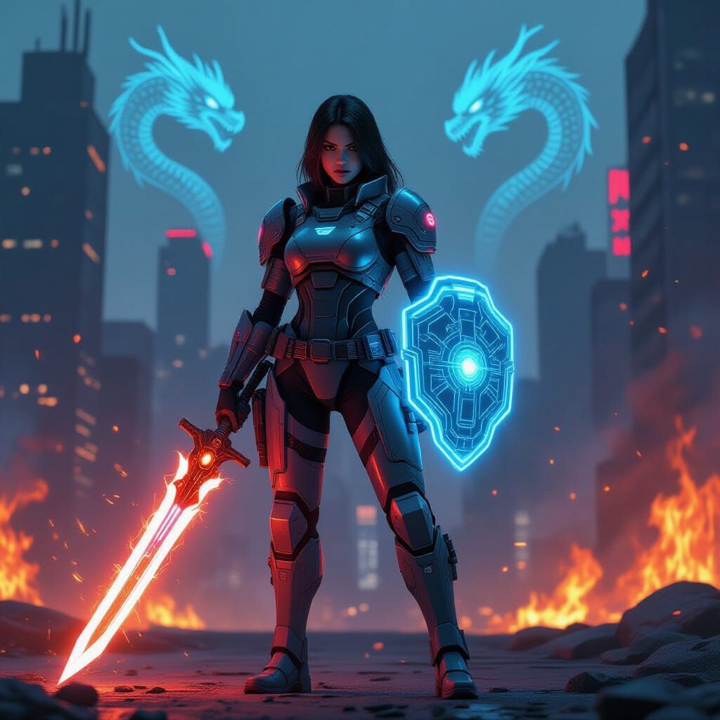 Cyberpunk Anime Heroine in Burning Cityscape