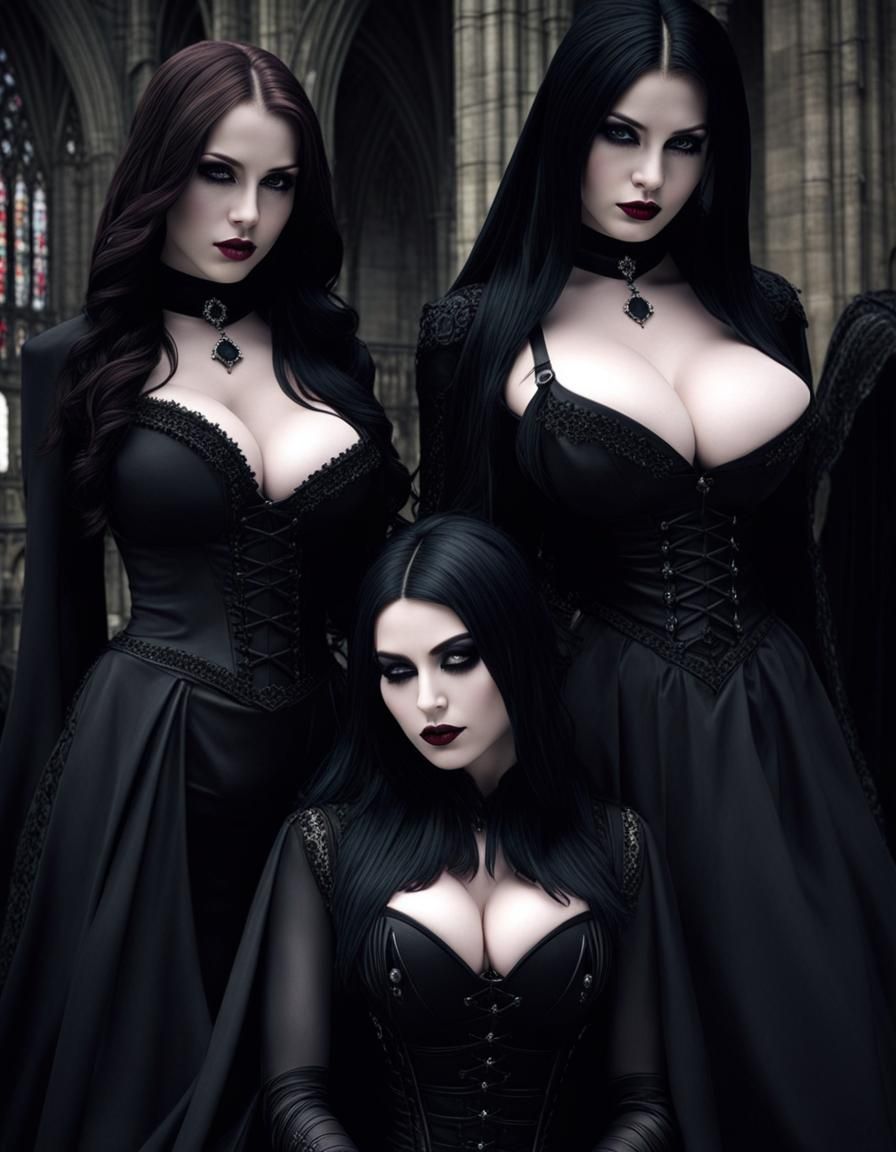 Gothic Trio in Dark Cathedral: Photorealistic Portrait