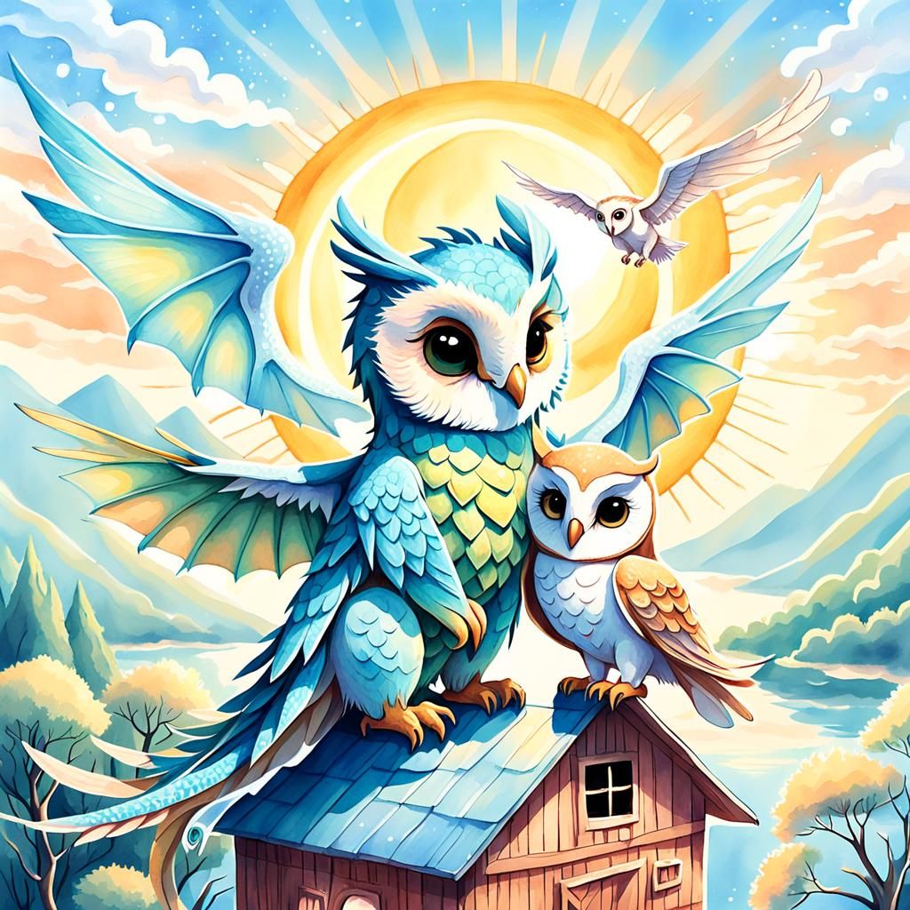 Whimsical Dragon-Owl Soaring in a Pastel Sky