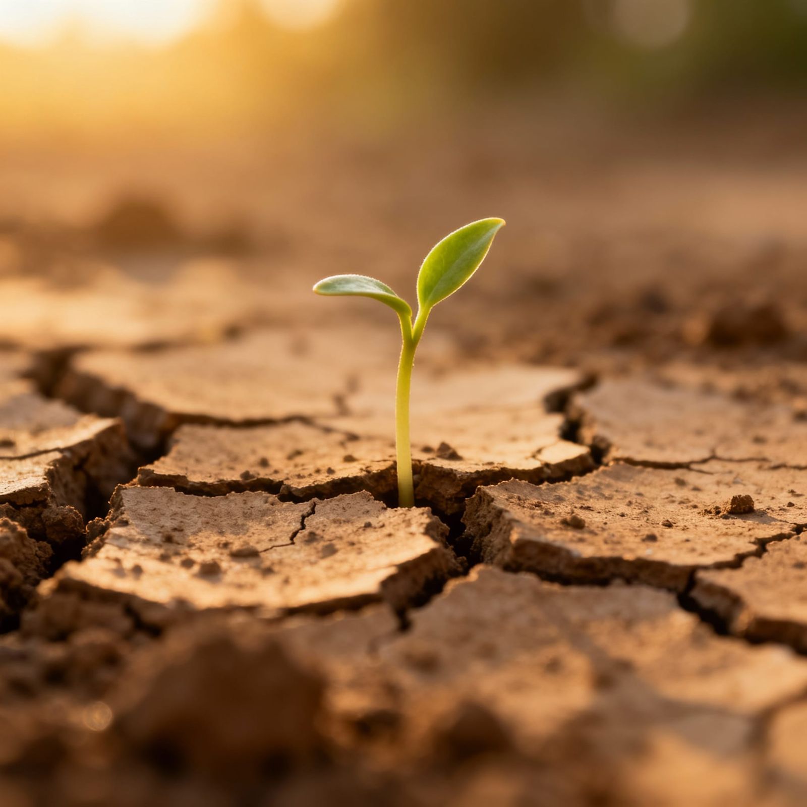 Delicate Sprout Emerges From Dry Earth Towards Golden Light