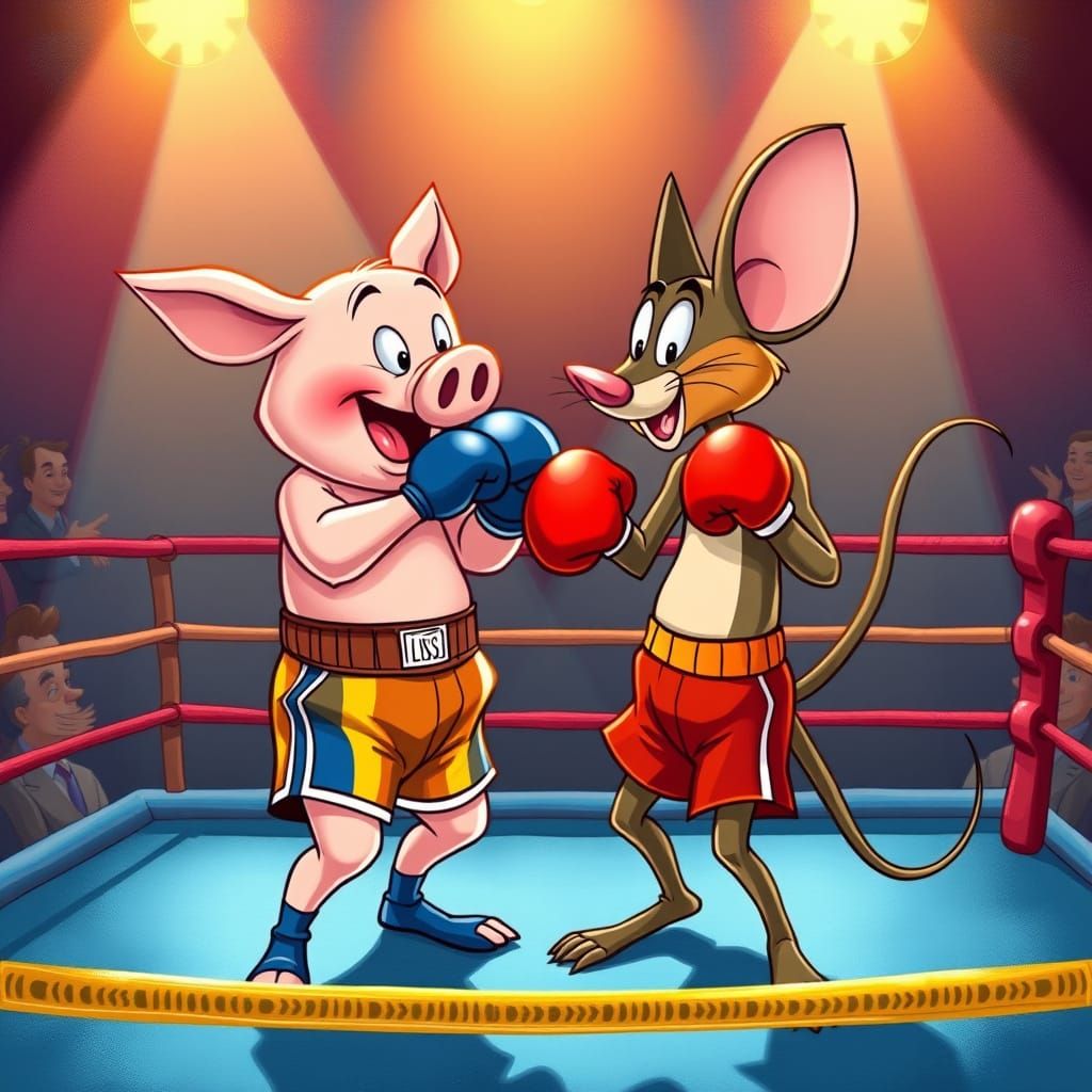 Animated Pig and Mouse Boxing Match, Looney Tunes Style