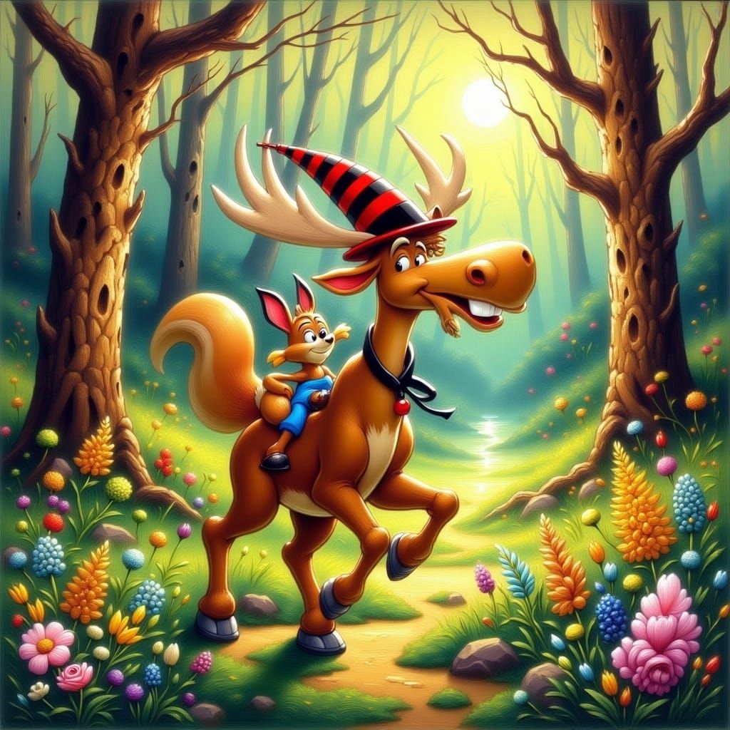 Classic Cartoon Moose and Squirrel Adventure in a Vibrant Fo...