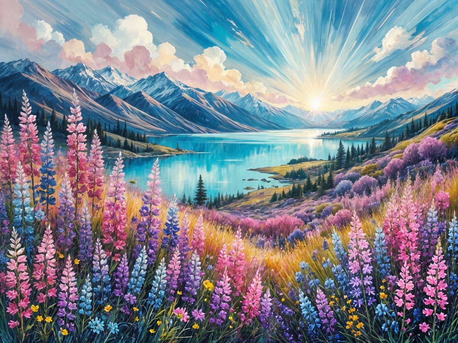 Vibrant Lupins Bloom Beside Blue Waters of Lake Tekapo