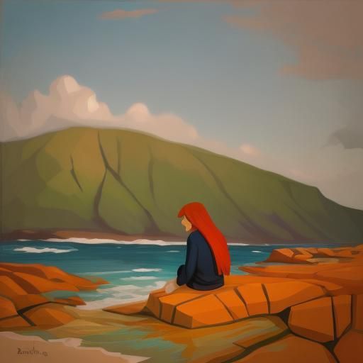 Low-Poly Woman on Rocky Beach in Hockney Style