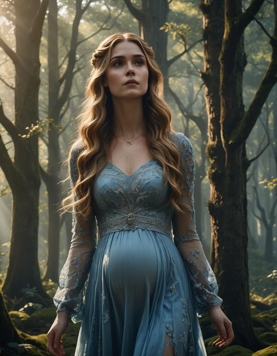 Pregnant Feyre in Mystical Forest: Cinematic Film Still