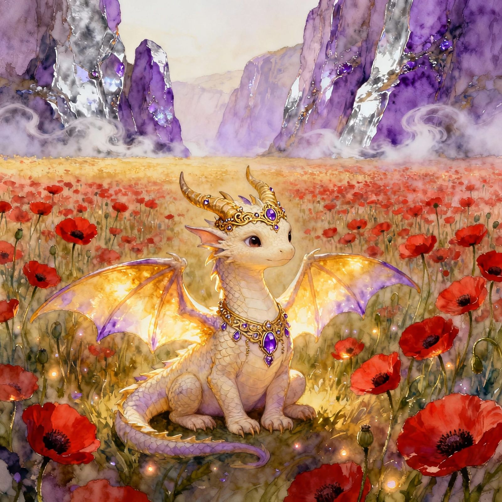 Elegant Ivory Dragon in Poppy Field with Golden Wings