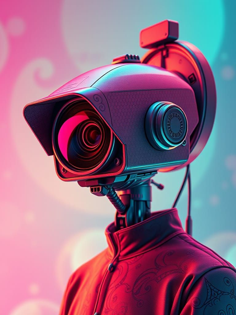 Retrofuturistic Surveillance Camera Person in Detailed Digit...