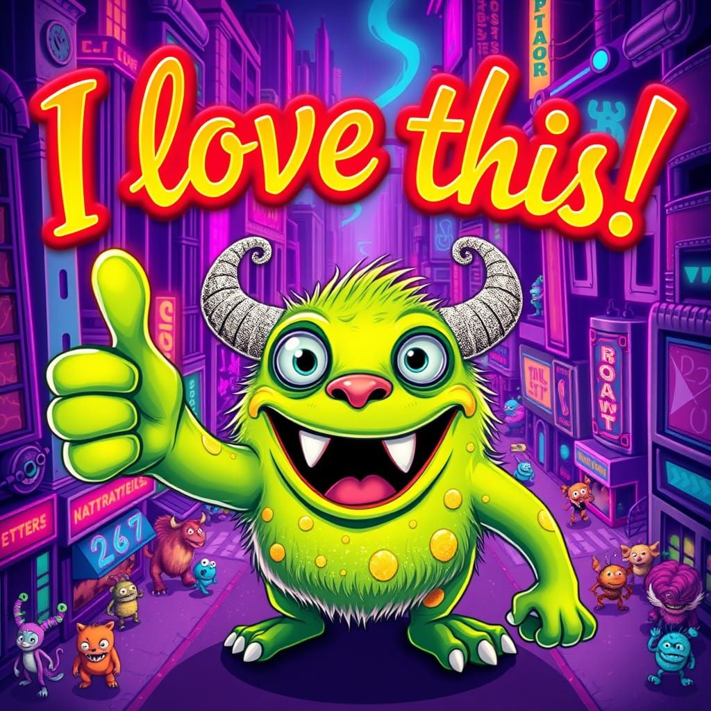 Vibrant Green Spotted Monster Gives Thumbs Up in Whimsical N...