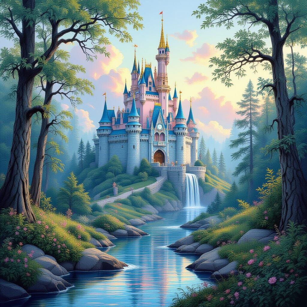 Magical Castle in Fantasy Forest: Ethereal Watercolor Landsc...