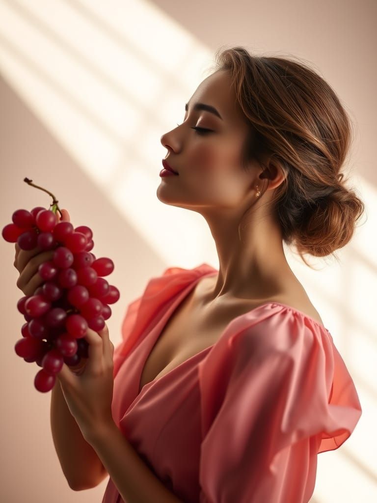 Serene Woman with Grapes in Soft Pastel Colors