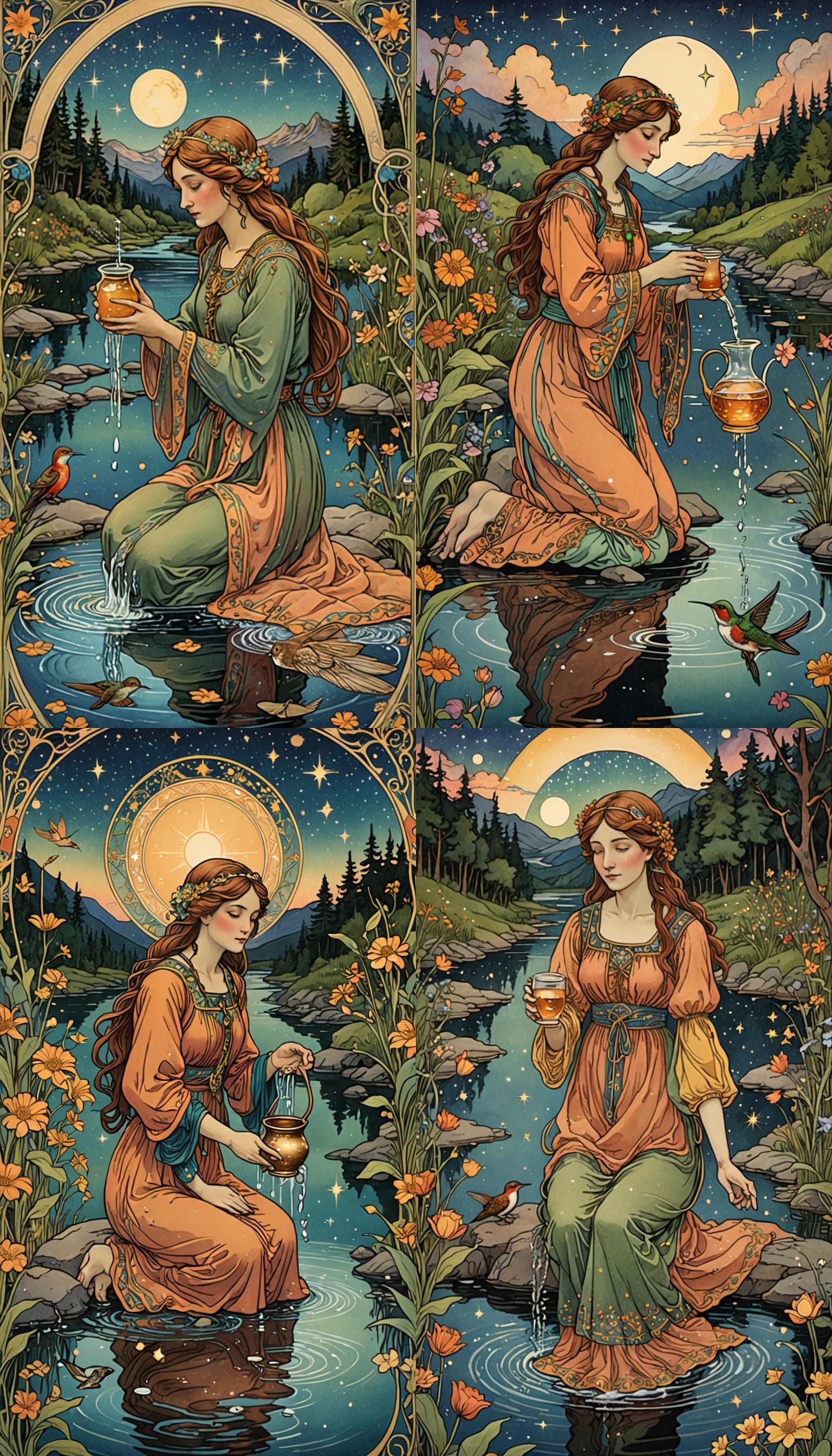 Art Nouveau Star Tarot Card with Rainbow