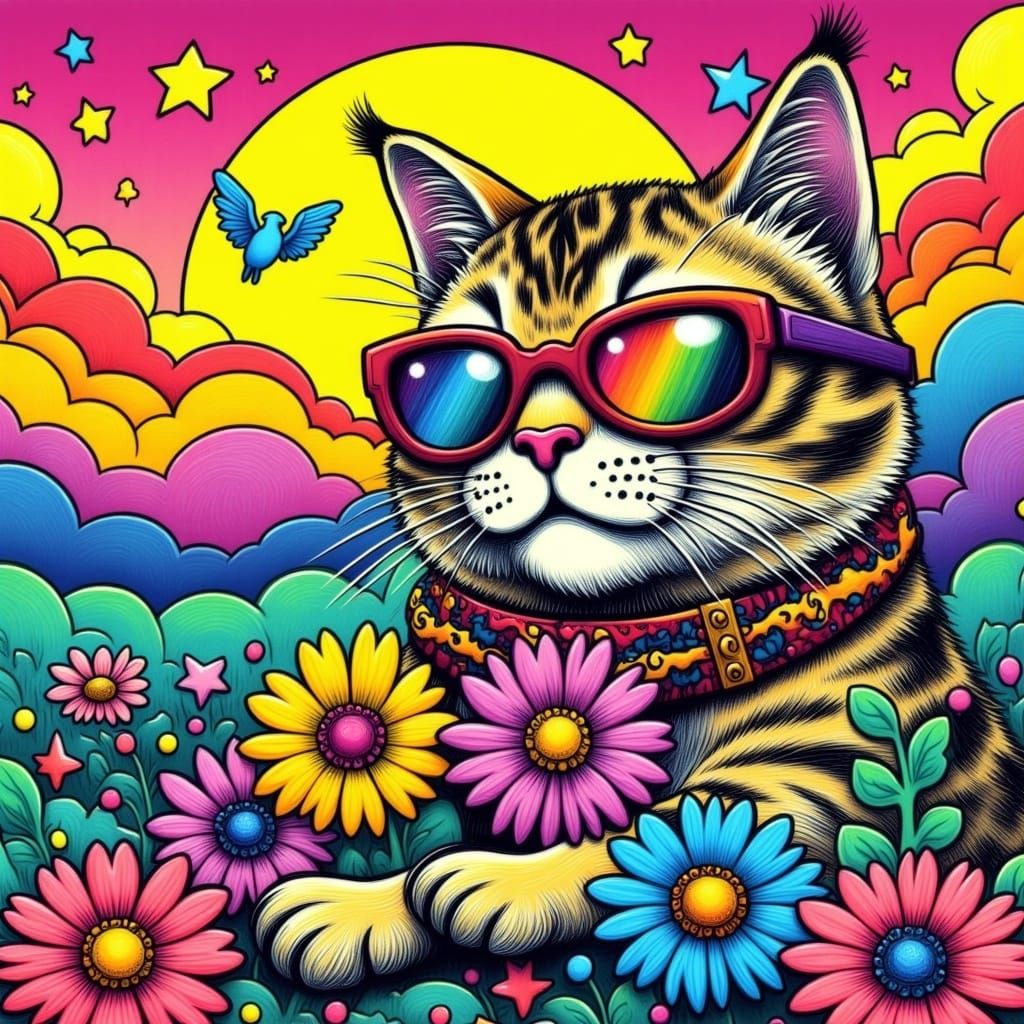 Psychedelic Hippy Cat in Pop Art Style