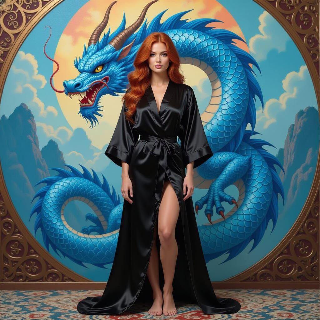 Woman and Dragon Mural in Fantasy Oil Painting Style